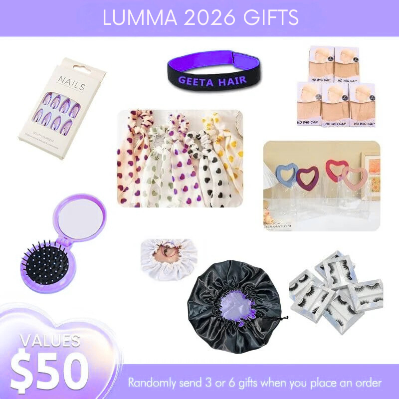 Lumma Gifts Package, Includes Random 3-6 Gifts:Love Hair Bands, Love Handbag, Shower Cap, Hot Comb, Wig Cap, 3D Mink Eyelashes, Elastic Headband, Clips, Edge Brush etc